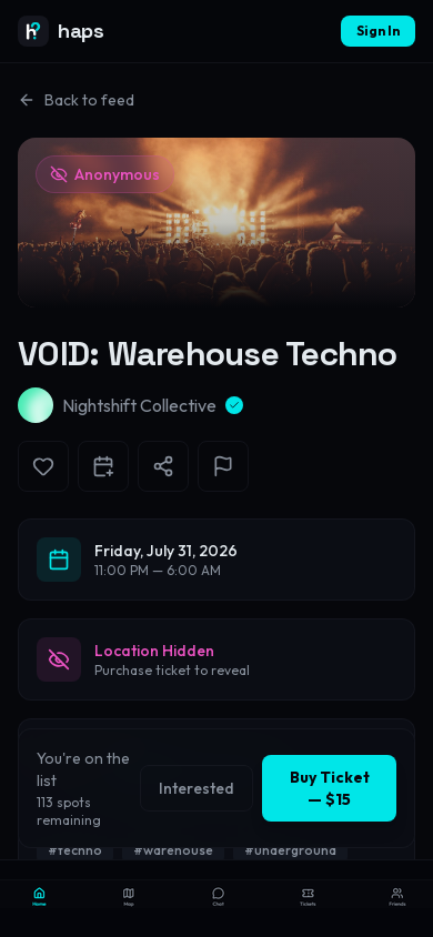 Event detail page with location-drop countdown and ticket purchase
